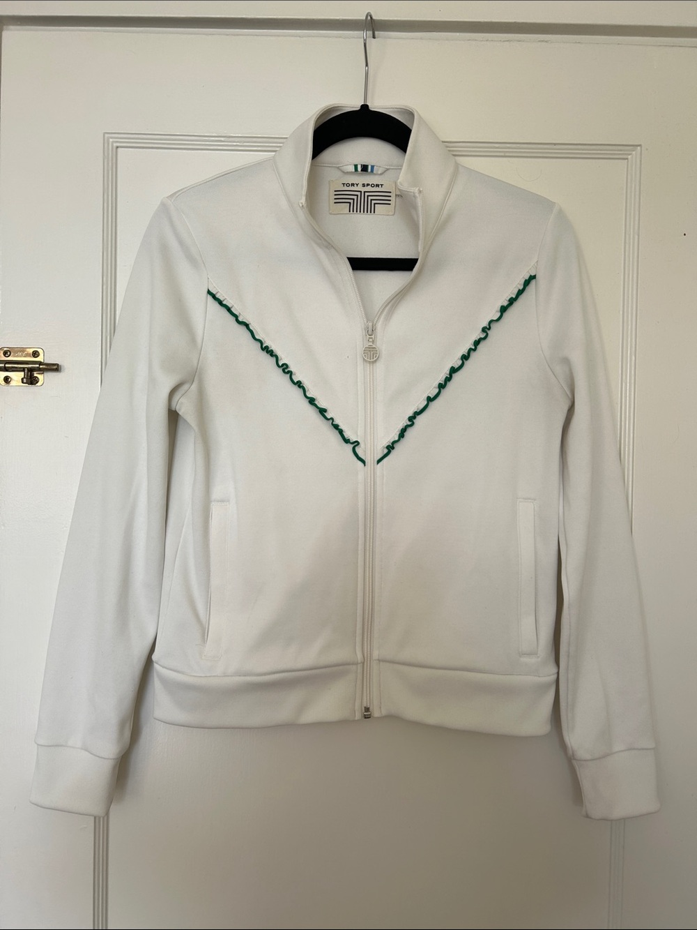 Tory Sport White Zip-Front Bomber Jacket with Green Trim - Size S